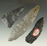 Set of three Coshocton Flint artifacts found in Ohio, largest is 4 1/2