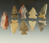 9 assorted Ohio arrowheads with minor restoration or rechipping. Ex. Dr. Copeland.