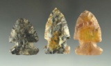 Set of three colorful Archaic Sidenotch points found in Ohio, largest is 1 11/16