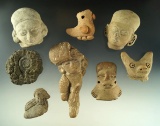 Group of seven assorted Pre-Columbian pottery heads and a fossil. Meso-America.