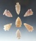 Set of seven attractive High Plains arrowheads made from beautiful highly translucent material.
