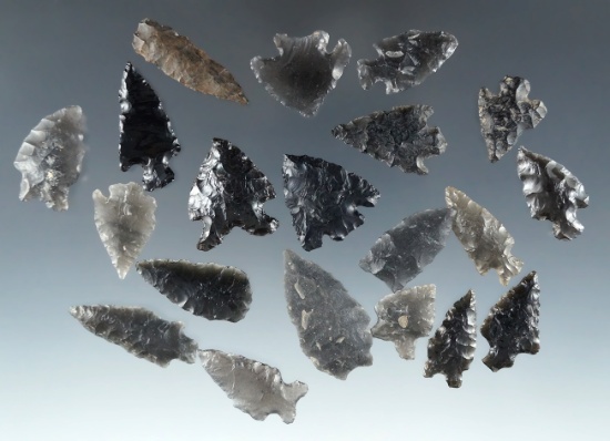Set of 20 assorted obsidian arrowheads found in Nevada, largest is 1 3/16".