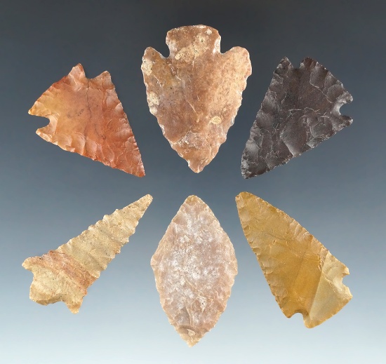 Set of six assorted arrowheads found in the Western U. S. Largest is 1 3/4".