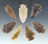 Set of seven assorted High Plains arrowheads in various styles and materials, largest is 1 5/8