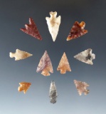 Set of 10 assorted Columbia River arrowheads, largest is 7/8