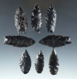 Set of eight assorted obsidian artifacts, largest is 2 1/16