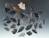 Set of 30 assorted mostly obsidian arrowheads found in Nevada, largest is 1 1/16