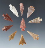 Set of 10 assorted arrowheads found in the Western U. S. Largest is 1 1/16