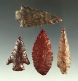 Set of four assorted arrowheads found near the Columbia River, largest is 1 13/16