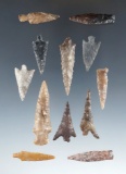 Set of 12 arrowheads found near the Columbia River including various styles and materials.