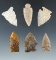 Set of six High Plains arrowheads, largest is 1 5/16