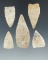 Set of five Midwestern triangular leaf shaped flaked artifacts, largest is 2 3/16