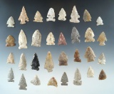 Large group of 30+ assorted arrowheads from various locations, largest is 1 1/4