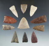 Group of 11 Midwestern triangular arrowheads in good condition, largest is 1 11/16
