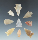 Set of nine Plains area arrowheads made from quality materials, largest is 1 3/16