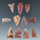 Set of 10 Alibates Flint arrowheads found in Colorado in Kansas, largest is 1