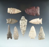 Set of nine assorted arrowheads from the central U. S. Largest is 3 1/8