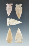 Set of five assorted arrowheads found in Texas, largest is 1 1/2