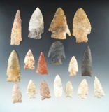 Group of 17 assorted Midwestern arrowheads from the Ryan Stone collection. Largest is 2 5/16