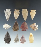 Set of 12 assorted Western U. S. Arrowheads made from various materials, largest is 1 5/8