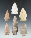 Group of six assorted arrowheads and knives found in Missouri, largest is 3 1/4
