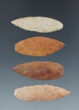 Set of four well flaked Nodena arrowheads found in the Missouri/Arkansas area, largest is 1 1/2