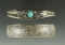 Pair of ornate silver and silver and turquoise vintage bracelets.