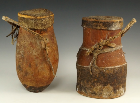 Pair of old Wood & Leather Water Containers with original braided strap handles. Largest is 8 1/2".