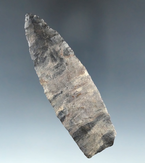 3 5/8" Thin, heavily patinated and nicely styled Paleo Lanceolate, Coshocton Co., Ohio.
