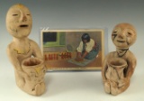 Pair of circa 1940 Clay Tesuque Pueblo Rain Gods along with a 1940 postcard. Largest is 6 1/2