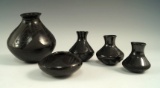 Beautiful set of five miniature Southwestern San Ildefonso pottery vessels, smallest is 1 3/4