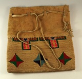 Circa 1900-1920 Nicely decorated Cornhusk and Leather Bag which is 12 3/4