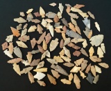 Large group of approx. 100 assorted mostly unbroken arrowheads found in Texas, largest is 3 1/8