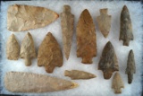 Group of 13 assorted Texas arrowheads and blades, largest is a 6 1/8