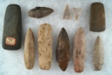 Group of assorted Indiana Arrowheads, Knives and Celts. Largest is 3 1/2