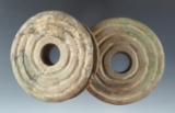 Rare! Pair of decorated Ear Spools found in eastern Texas, both have some old-time restoration.