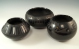 Set of 3 Southwestern Contemporary San Eldefonso Pueblo Blackware Pottery Vessels - signed.