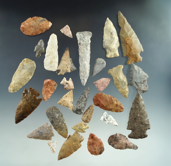 Large group of 30 assorted arrowheads found in Kansas and Colorado, largest is 2 3/8".