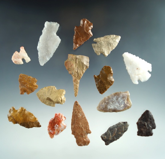Group of 15 assorted arrowheads found in El Paso Co., Colorado. Largest is 1 5/8".