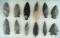 Group of 12 Assorted Ohio arrowheads, largest is 3 3/8