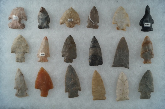 Set of 18 Mostly Ohio Arrowheads, largest is 2 1/8".