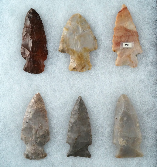 Set of 6 Assorted Ohio Arrowheads, largest is 2 3/8".