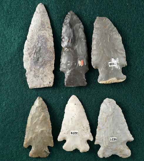 Set of 6 Assorted Ohio Arrowheads, largest is 3".