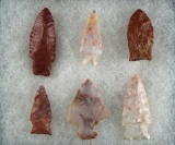 Set of 6 Colorful Midwest Arrowheads, largest is 2 1/8
