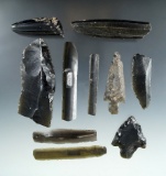 Set of Obsidian Blades, Cores and Points found in Mexico, largest is 3 1/2