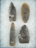 Set of 4 Flint Knives found in Ohio, largest is 3 3/4