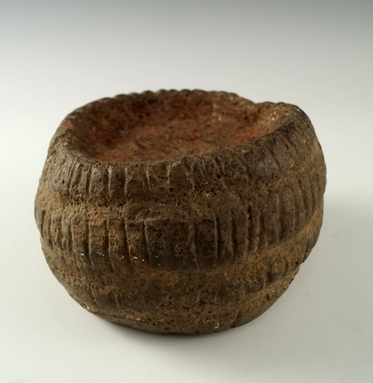 Nicely decorated 4 3/16" stone mortar/paint pot with engravings of a snake Col. River.