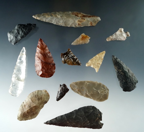 Group of 12 assorted points and knives found near Kettle Falls, Columbia River, Washington.