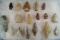 Set of 17 assorted Kansas area arrowheads and knives, largest is 3 1/8