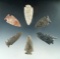 Set of six assorted Midwestern arrowheads, largest is 2 1/2